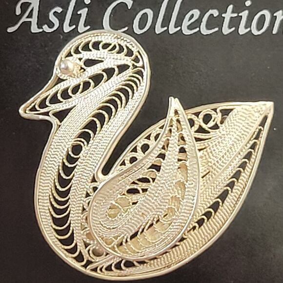 Sterling Silver Filigree Swan Bird Brooch Pin 925 Vintage Indonesian - Picture 1 of 13
